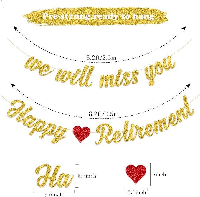Happy Retirement Banner and We Will Miss You Banner for Retirement Party Decorations(Pre-Strung)
