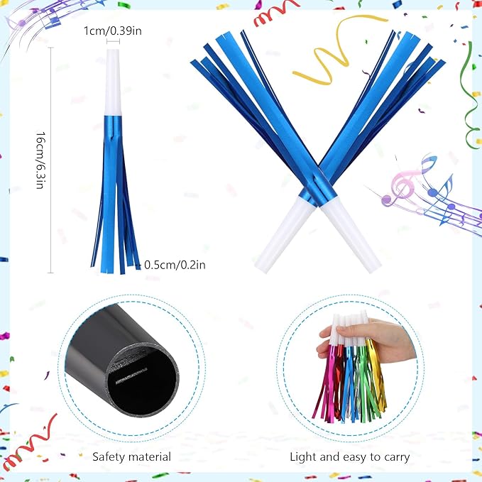 30 Pcs Gold Noise Makers, Metallic Fringed Noise Makers for New Year Party Favor Supplies, Blue