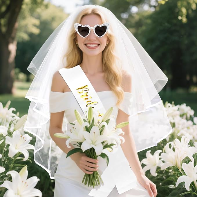 Bride to Be Set: Pearl-Trimmed Heart Sunglasses, Pearl BRIDE Sash & Tulle Veil - Bachelorette Party Bridal Accessories