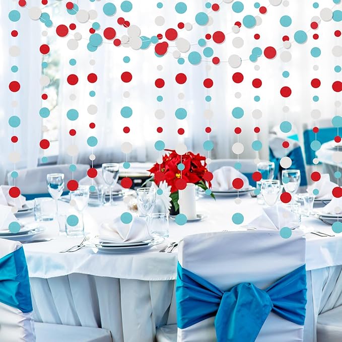 Outus 10 Pieces Colorful Dots Paper Garland Easter Decor Round Glitter Hanging Confetti Streamers Backdrop for Spring Birthday Classroom Halloween Trunk or Treat Car Decoration (Light Blue,White,Red)