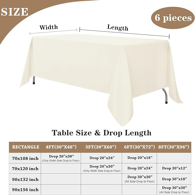 Fitable Ivory Rectangle Table Clothes, 6 Pack - 90 x 156 Inch - Reusable and Washable Tablecloths, Polyester Fabric Table Covers for Wedding, Party, Banquet, Formal Events