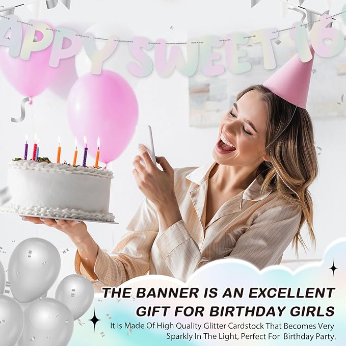 Fulmoon Pre Strung Happy Sweet 16 Banner Glitter Sixteenth Birthday Party Decorations 16th Party Sign Sweet 16 Party Decorations for Birthday Party Bachelorette Party(Glitter Silver)