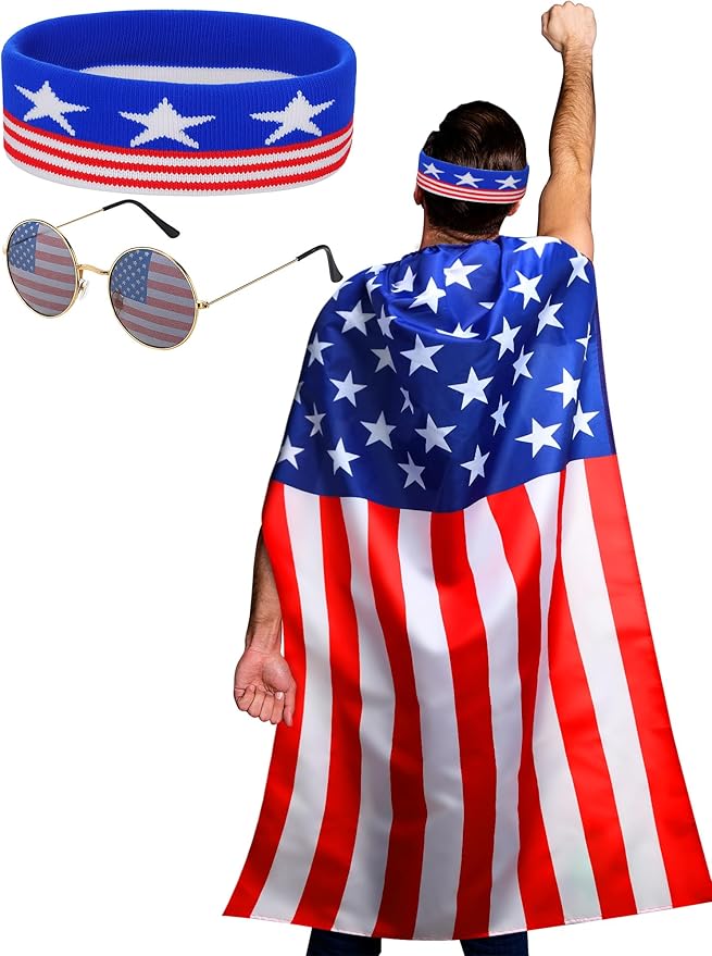 Frienda 250 Year American Flag Costume Cape, Retro 80's USA Sunglasses and Flag Headband for 250th Anniversary 4th of July