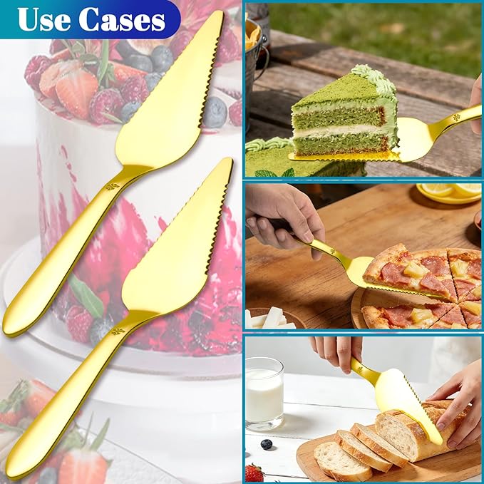 Cake Pie Server Set for Wedding, Elegant Pizza Slicer Server Set with Stainless Steel Big Serrated Edges, Cake Cutter Pie Spatula for Birthday Anniversary, 2 Pcs, Gold