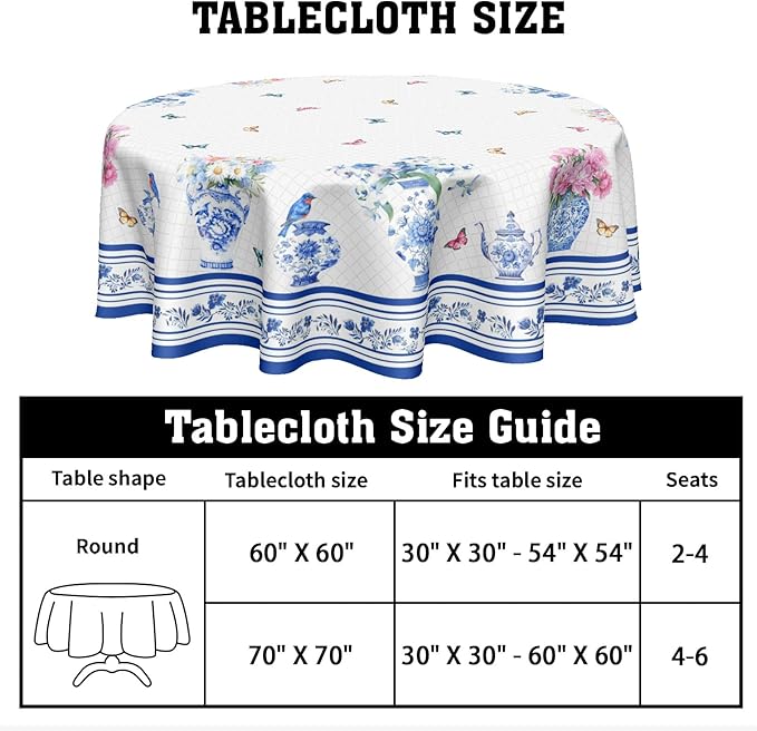 Spring Summer Round Tablecloth Blue Vase Floral Circle Table Cloth 60 Inch Chinoiserie Farmhouse Table Cover Washable Polyester Indoor Decorations for Home Kitchen Dinning Party
