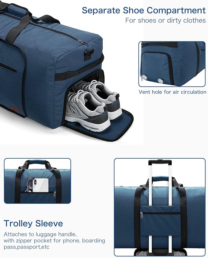 120L Foldable Waterproof Travel Duffel Bag for Men and Women with Shoe Compartment (Dark Blue, EXTRA LARGE, 120L)