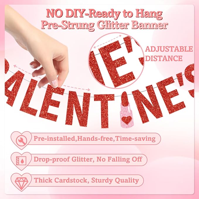 4Pcs Pre-Strung Galentine's Gang Banner, Heart Shaped Banners, Red, 0.2" x 0.2", Indoor, Wall Mount, Standard Banner, Galentine's Day, Home, Room Decorations