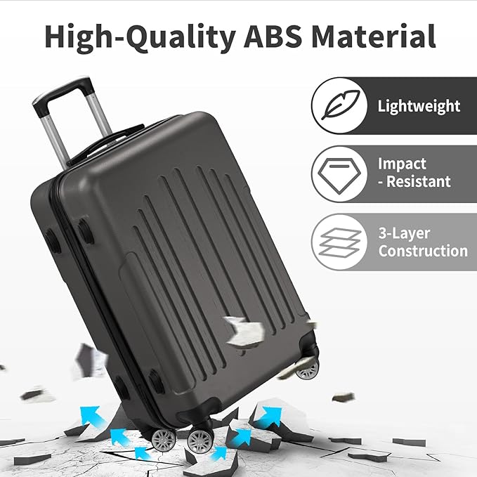 Karl home 24in Checked Luggage with TSA Lock, ABS Hardshell Check-in Suitcase with Spinner Wheels, Durable Medium Suitcase Rolling Luggage for Business Travel, Dark Grey