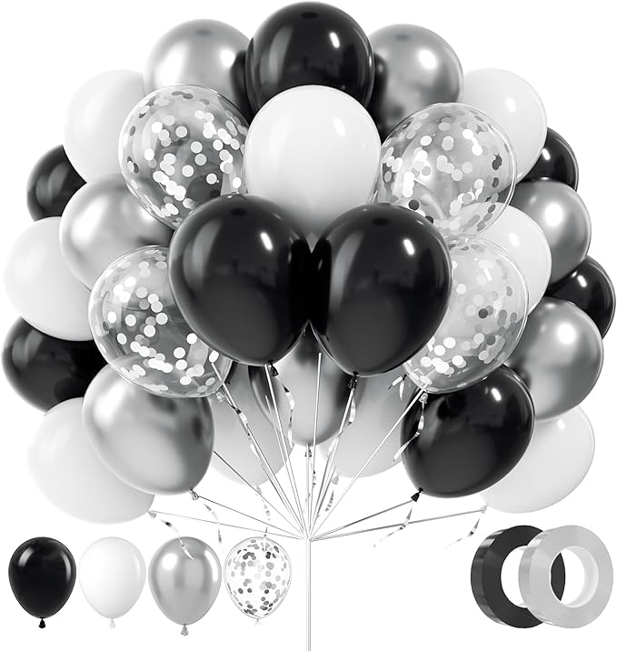 Black and Silver Balloons, 100Pcs 12inch Black White Metallic Chrome Silver Confetti Balloons with 1 Ribbon for Birthday, Baby Shower, Wedding, Graduation Theme Party Decoration