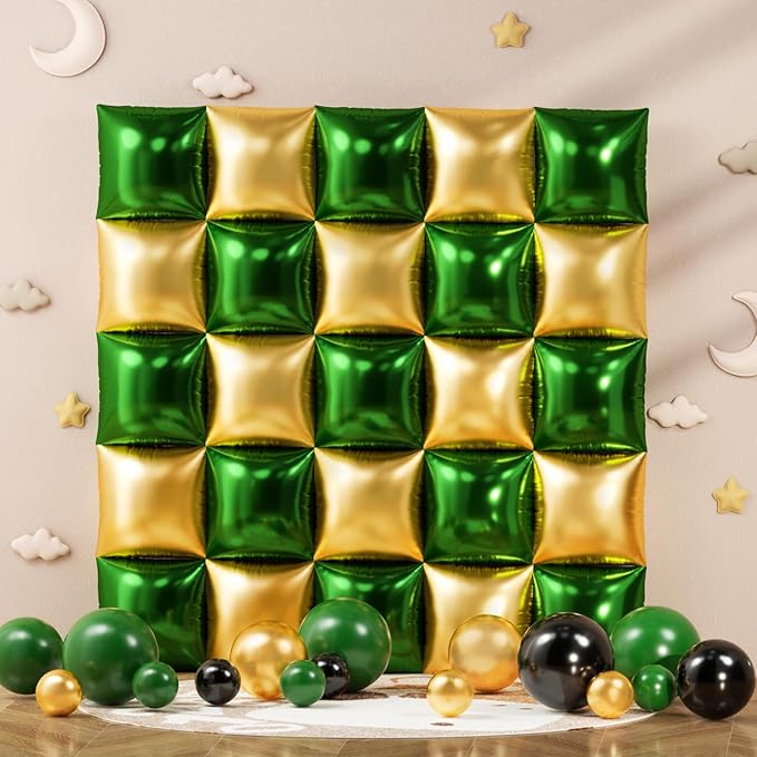 152Pcs Green and Gold Foil Square Balloon Wall Backdrop with Emerald Green Gold Black Latex Balloons Arch Garland Kit, Double Sided Balloon Tunnel for Baby Shower Jungle Graduation Party Decorations