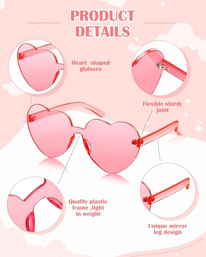 Photect 12 Pair Heart Shaped Sunglasses Neon Color Transparent Heart Glasses for Women Party Favor