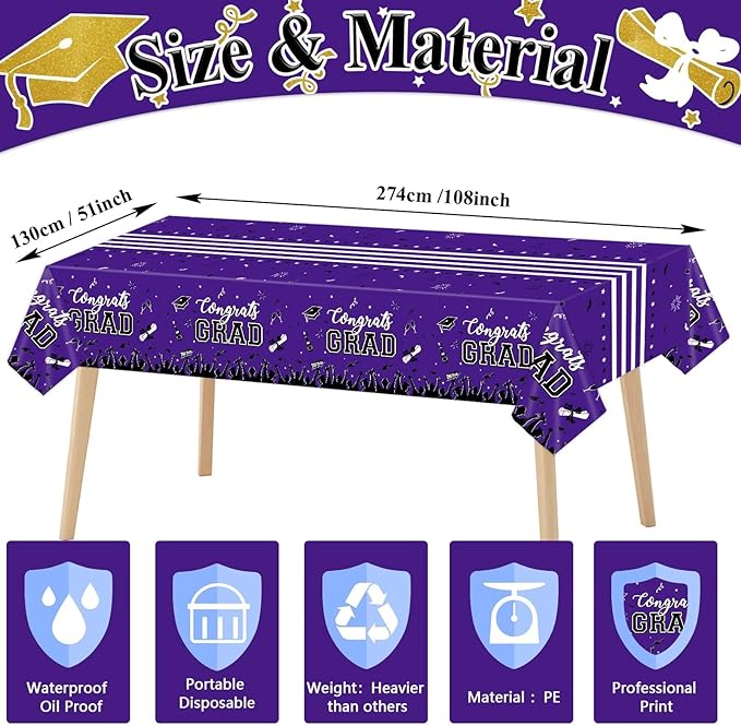 chiazllta Graduation Party Decorations Gongrats Grad Tablecover Graduation Tablecloths for 2025 Graduation Party Supplies Class of 2025 Party Supplies Large Size Plastic 54"x108" （Purple）