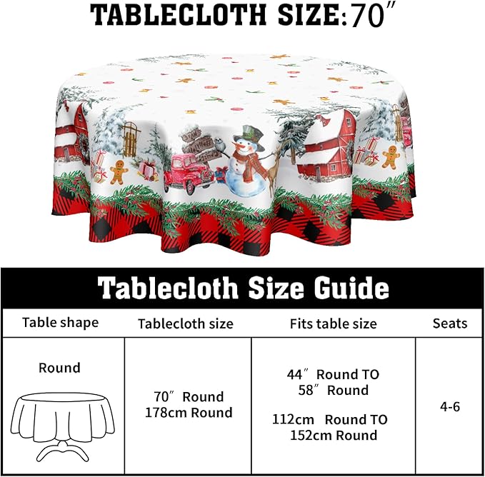 Christmas Round Tablecloth 70 Inch Xmas Snowman Pattern Circle Table Cloth Red Plaid Tablecloth Winter Table Cover Washable Polyester Decor for Home Kitchen Dinning Party
