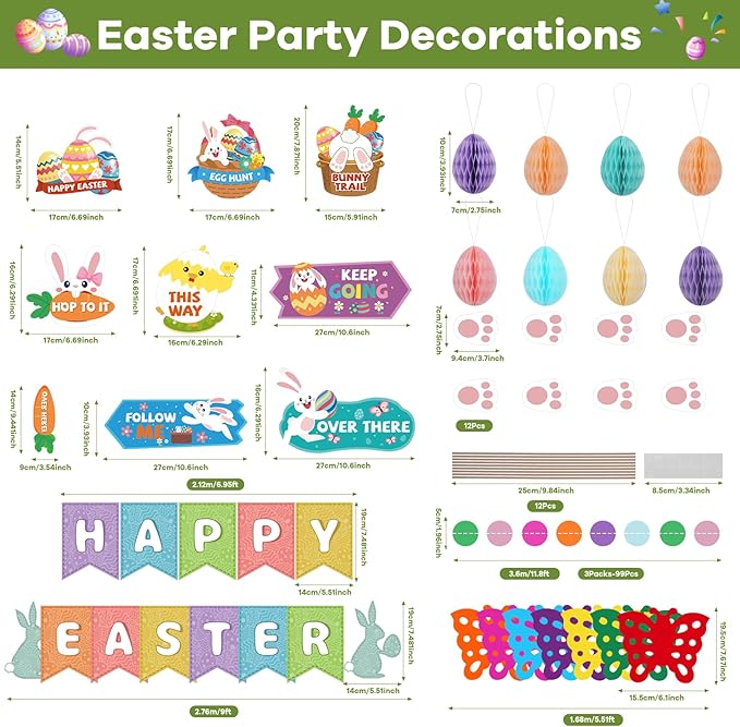 AhfuLife Easter Decorations Set, Happy Easter Bunny Paper Banner, Easter Egg Hunt Signs Clues with Sticks and Bunny Feet, Reusable Bunting for Home Garden Indoor Outdoor Party Game Decorations