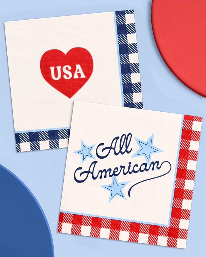 xo, Fetti All American Napkins - 24 Paper Napkins | 4th of July, Patriotic Party, USA Decor, Red White Blue, Americana, Independence Day, Summer BBQ