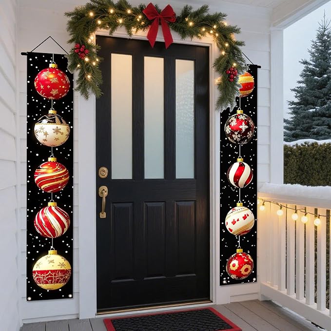 Nuxovilar Christmas Decorations Outdoor Yard Front Porch Sign Set, Black Background Christmas Ball Door Banners, Hanging Decor for Home Wall Yard