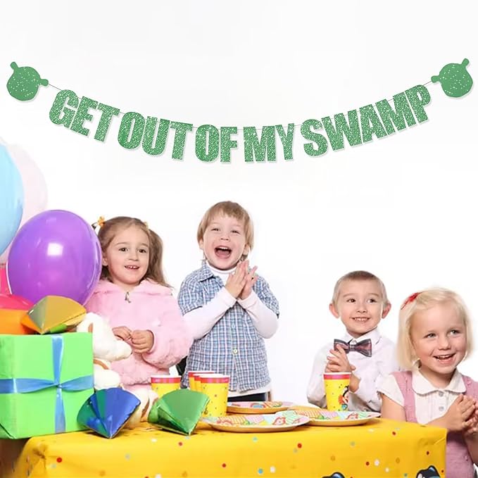 Green Glitter Get Out Of My Swamp Banner,NO DIY, Pre-Strung Birthday Party Banner Funny Housewarming Party Decorations Green Birthday Party Supplies