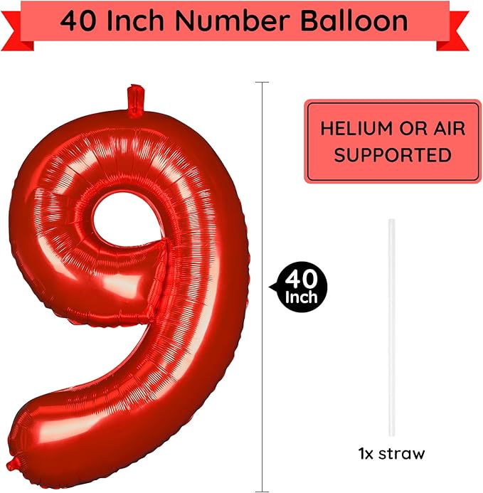 40 Inch Red Number Balloon 9, Large Number Foil Balloons Mylar for Girl Boy Birthday Party Celebration Decorations Supplies, Digital Balloons for Wedding Anniversary Events Decorations