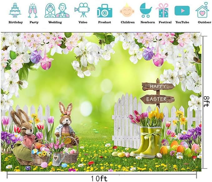 CYLYH 10x8FT Easter Photo Backdrop Spring Flowers Grass Backdrop Colored Egg Rabbit Backdrop for Easter Party Decoration Baby Shower D854