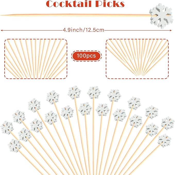 100pcs Snowflakes Cocktail Picks 4.9" Long Food Toothpicks Fruit Sticks Sandwich Appetizer Charcuterie Skewers, Made of Bamboo Wood, for Winter Snow Frozen Christmas Decoration Party Supplies