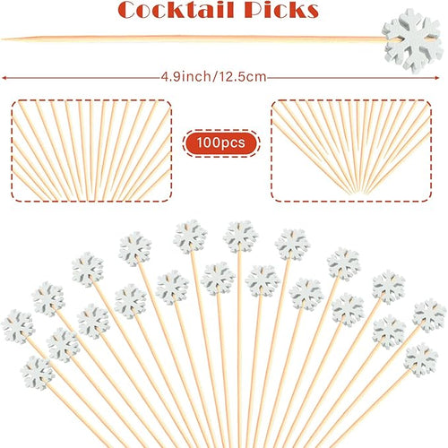 100pcs Snowflakes Cocktail Picks 4.9" Long Food Toothpicks Fruit Sticks Sandwich Appetizer Charcuterie Skewers, Made of Bamboo Wood, for Winter Snow Frozen Christmas Decoration Party Supplies