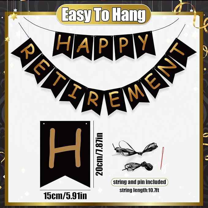 Retirement Party Decorations for Men Women Black Gold Happy Retirement Banner Hanging Swirls Kit for Retire Party Decor Supplies