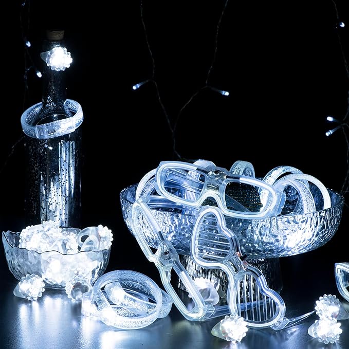 50Pcs White Wedding Party Supplies Set 10 LED Flashing Glasses 20 Light up Bracelets and 20 LED Blink Bumpy Rings Glow In Dark Romantic Valentine's day Neon Party Decorative Accessories