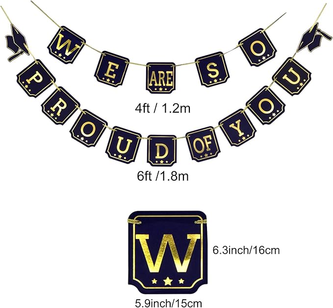 ZERODECO Graduation Decorations, Black and Gold We Are So Proud Of You Banner Paper Pompom Fan Hanging Swirls Graduation Confetti Paper Garland Party Balloons for Grad Party Decoration Supplies