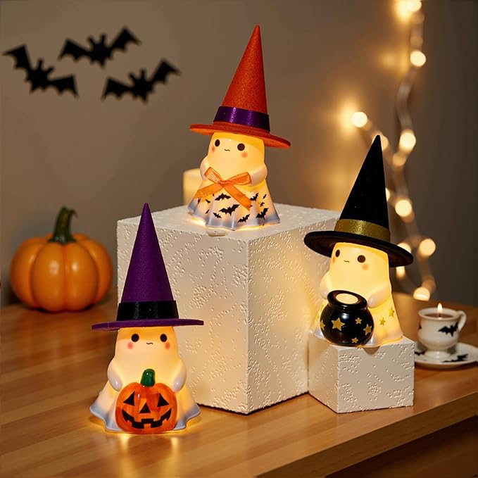 Halloween Decorations Indoor,3Pcs Cute Spooky Ceramic Ghost Halloween Decorations,Ghost Figurines with Hats - Adorable Tabletop Decor for Mantel,Party, Home, Porch Decor