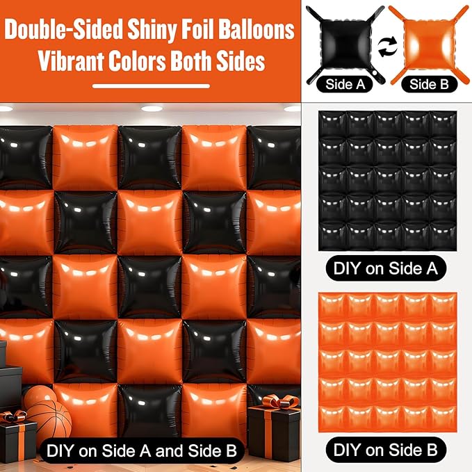 36Pcs Black and Orange Square Foil Balloons Wall Backdrop, Double Sided Metallic Foil Balloons Tunnel Arch Garland Kit for Photo Booth Birthday Wedding Halloween Christmas Party Decorations