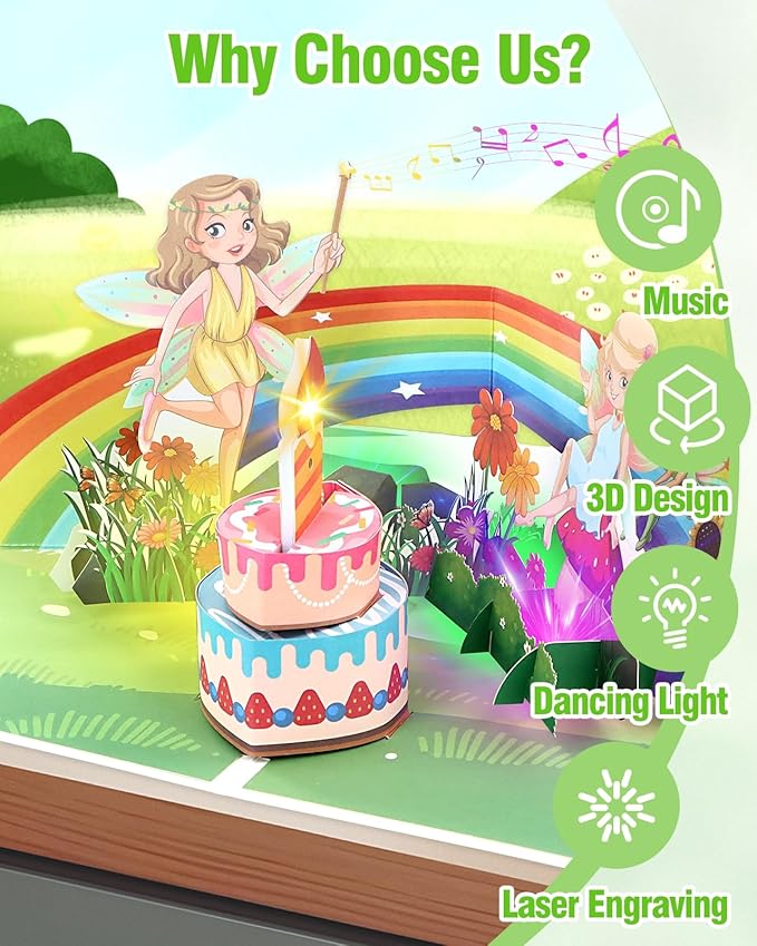 FaCraft Fairy Birthday Card - Musical Pop Up Birthday Card for Girls & Kids - 1st Birthday Card Girl with Blowable Candle & Cheering Sound - 8x6 Handmade Greeting Card with Envelope Blank Insert Seal