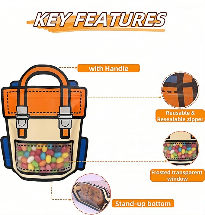 PABCK 20 Pack Plastic Gift Bags Cartoon Goodie Bags 9.45x11.02 inch Backpack-shaped Candy Snack Packaging Bag with Handle Resealable Treats Birthday Party Favor Stand Up (10 Purple and 10 Orange)
