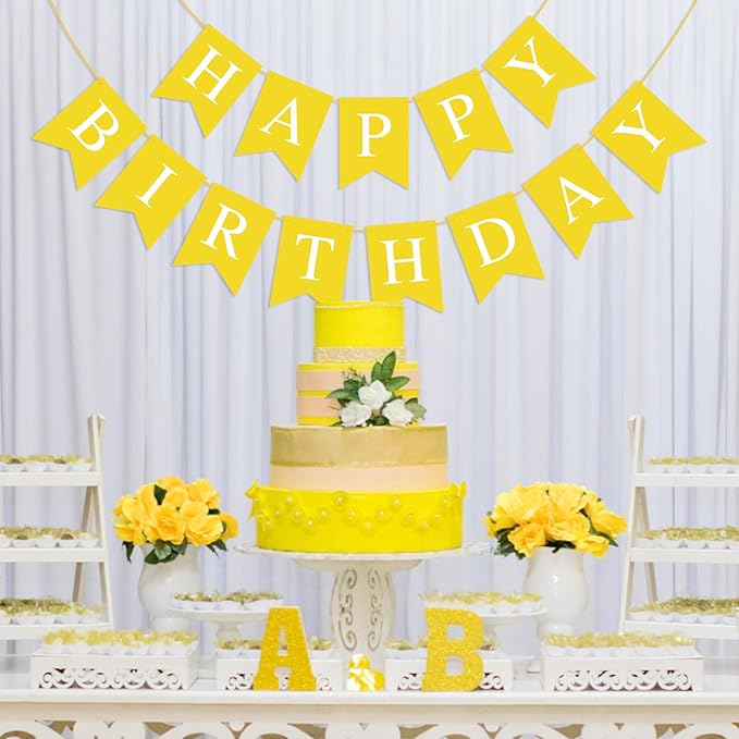 Yellow Birthday Banner Sign Happy Birthday Bunting Banner Garland for Kids Girl Woman Tea Party Decorations
