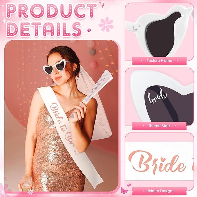 JaGely 4 Pcs Bachelorette Party Decoration Includes Bride to Be Sash and Veil, Glitter Bride Fan and Heart Shaped Sunglasses for Bridal Shower Decorations Bachelorette Party Accessories Favors