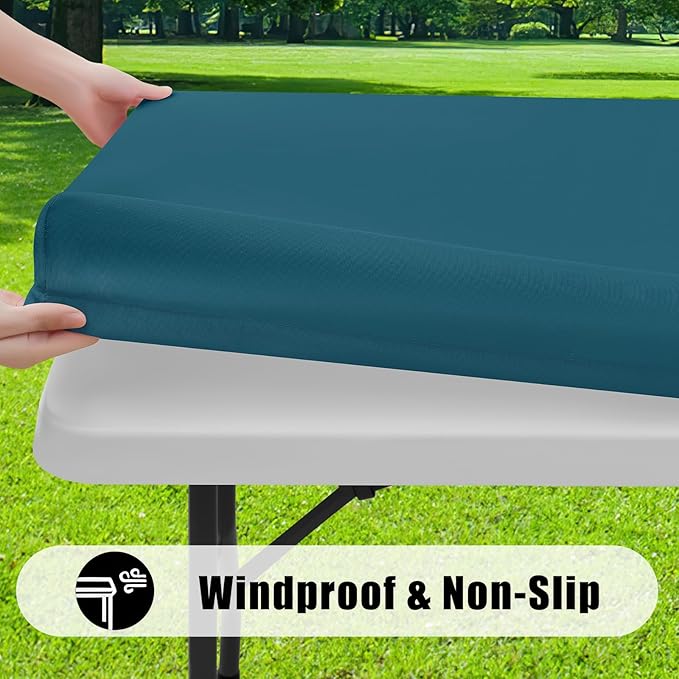 Smiry 2 Pack Rectangle Picnic Table Cloth, Waterproof Elastic Fitted Tablecloths, Washable Polyester Rectangular Patio Table Cover for Camping, Indoor and Outdoor (Peacock Blue, 30"x96")