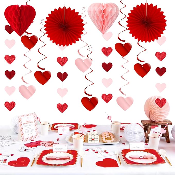 Galentines Party-Decoration Valentines Heart Garland - 25pcs Red Rose-Gold Paper Streamers Honeycomb Fans XOXO BEMINE Banner, Anniversary Baby Shower Wedding Love Hanging Supplies Decor Hugfond