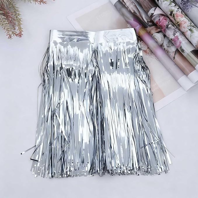 Silver Foil Fringe Garland 6Pcs 10 Feet Metallic Tinsel Hanging Curtain Glitter Backdrop Banner for Parade Floats Christmas Wedding Party Decorations