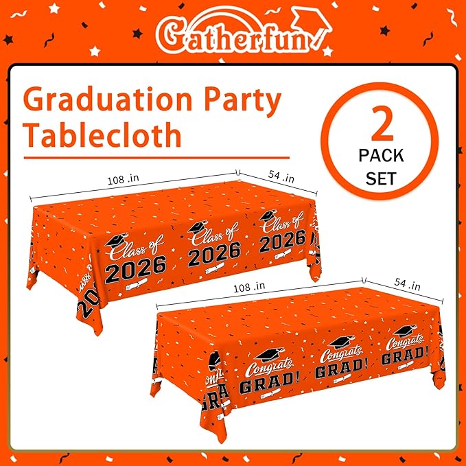 Gatherfun 2026 Graduation Decorations : 2-Pack Congrats Grad Disposable Tablecovers - Class of 2026 Orange Themed Table Cloths, for Graduation Party Supplies & Graduation Backdrop, 54" X 108"