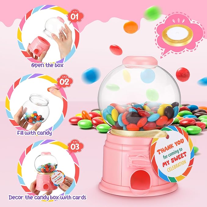 8 Set Candy Theme Party Favors with 5 Inch Mini Candy Dispenser Thank You Cards Plastic Gumball Machines for Birthday Party Supplies Sweet Celebration Decorations