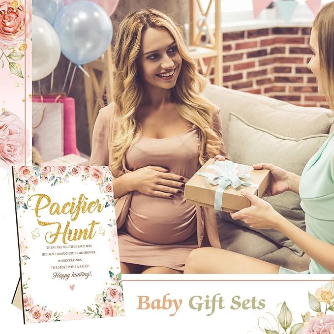 Thyle 51 Pcs Flower Pacifier Hunt Baby Shower Games Floral Theme Baby Shower Game Decoration Include Hunt Sign and 50 Acrylic Pacifiers Gift Sets for Gender Reveal Newborn Announcement Party Decor