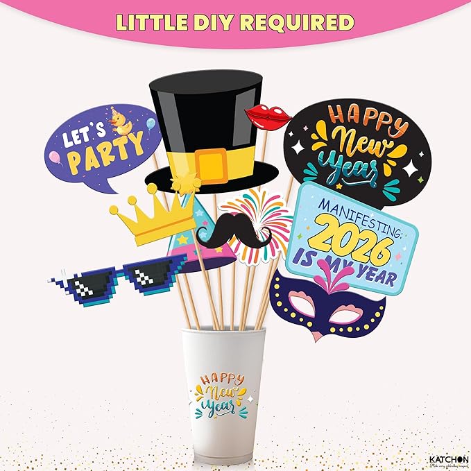 KatchOn, New Years Photo Booth Props 2026 with Bye Bye 2025 - Pack of 35 | New Years Eve Photo Booth Props for Happy New Years Decorations 2026 | New Years Eve Party Supplies 2026 | NYE Decorations