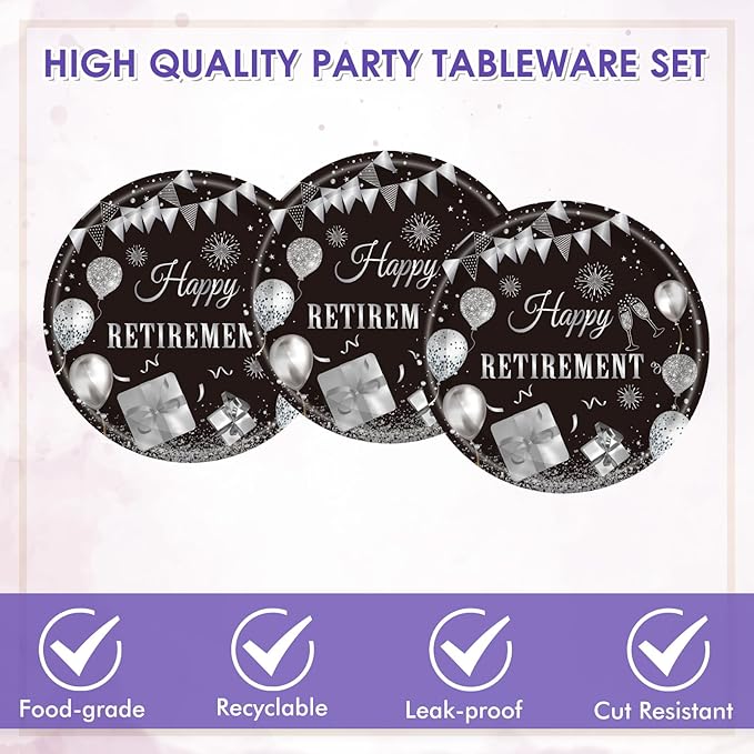 40PCS Happy Retirement Party Decorations Men Women,Black Silver Disposable Tableware Set Including Retirement Plates and Napkins for Women Men,Going Away Decor