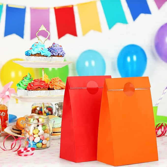 Cooraby 30 Pack Rainbow Gift Bags Candy Paper Bags with Stickers 5.1 x 3.1 x 9.4 Inches Snack Sweet Craft Bags for Birthday Wedding Party Anniversaries with 48 Stickers