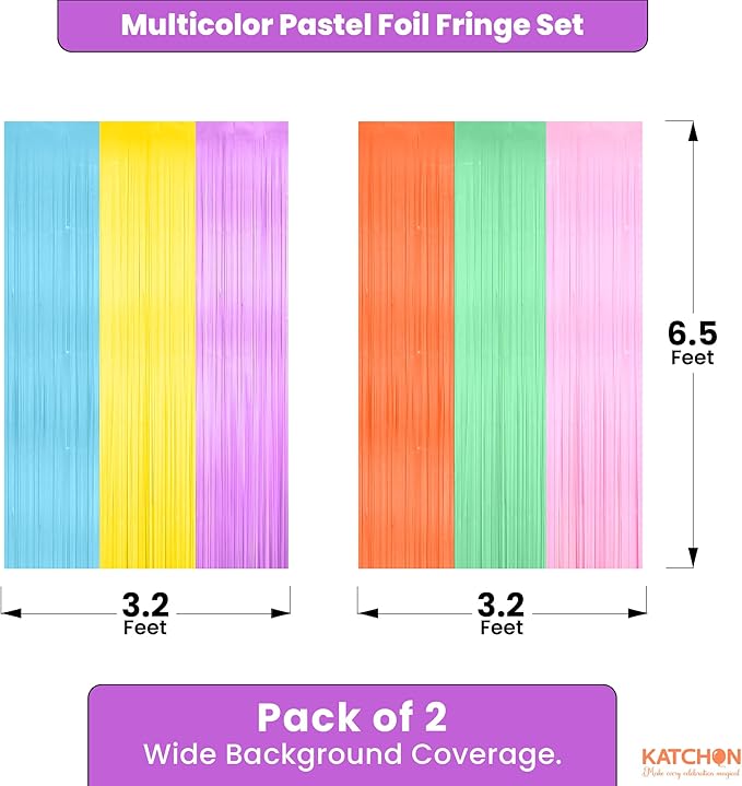KatchOn, Pastel Multicolor Foil Fringe Curtains – Pack of 2 | Pastel Colourful Photo Backdrop, Rainbow Foil Fringe Backdrop | Easter Decorations for Home | Baby Shower, Birthday Decorations