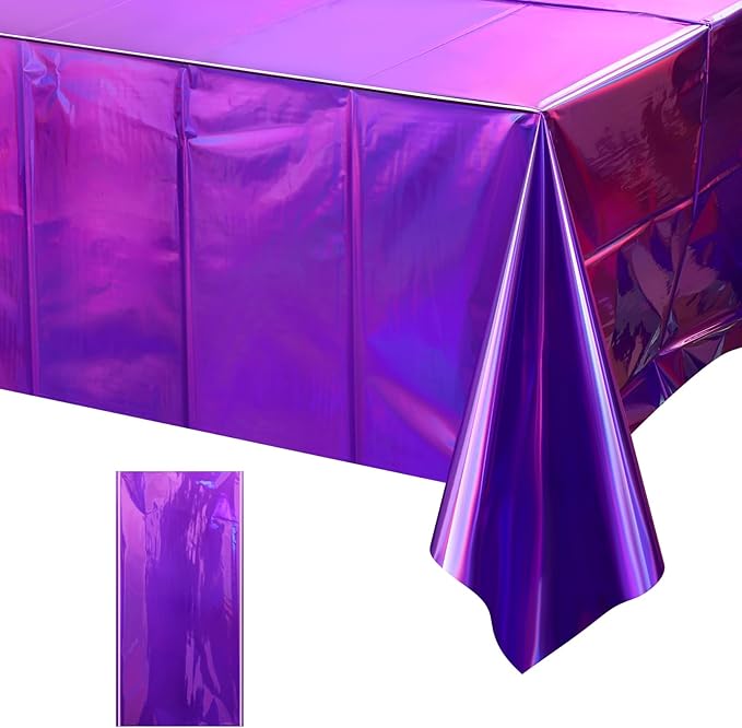 FunnyPars 1 Pack Iridescent Purple Plastic Tablecloths, Shiny Disposable Laser Rectangle Table Covers, Foil Tablecloth Iridescent Party Decorations for Kpop Birthday Bridal Wedding Decor, 54x108 Inch