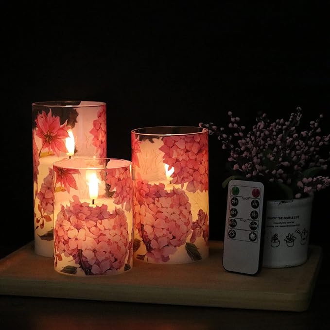 Glass Flameless Candles with Remote Timer, Pink Hydrangeas Decals Battery Led Pillar Candles Flickering Real Wax Pack of 3 for Mother's Day Gift, Wedding Dinner Home Decor, Φ 3" H 4" 5" 6"