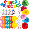 Colorful Birthday Party Decorations Kit - Happy Birthday Banner, Spiral Charm，Paper Flower Ball, Multicolor Latex Balloon and Colorful Confetti Balloons for Boys and Girls