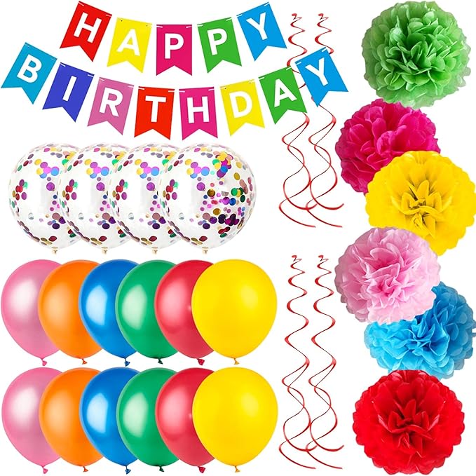 Colorful Birthday Party Decorations Kit - Happy Birthday Banner, Spiral Charm，Paper Flower Ball, Multicolor Latex Balloon and Colorful Confetti Balloons for Boys and Girls