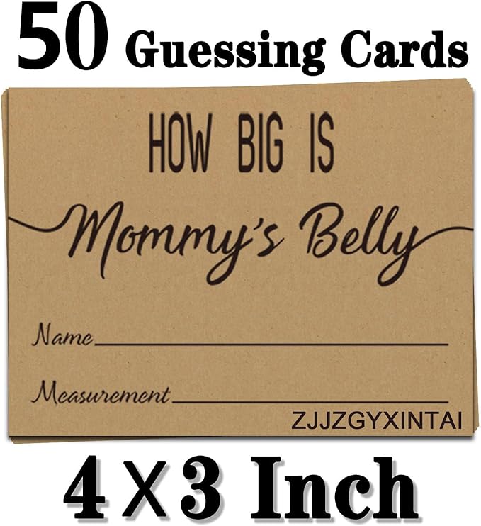 How Big is Mommy's Belly? Rustic Baby Shower Gender Neutral Game Includes 8x10 Inch Kraft Standing Sign and 50 Guessing Cards, 3 Rolls 10 Feet Measuring Tape
