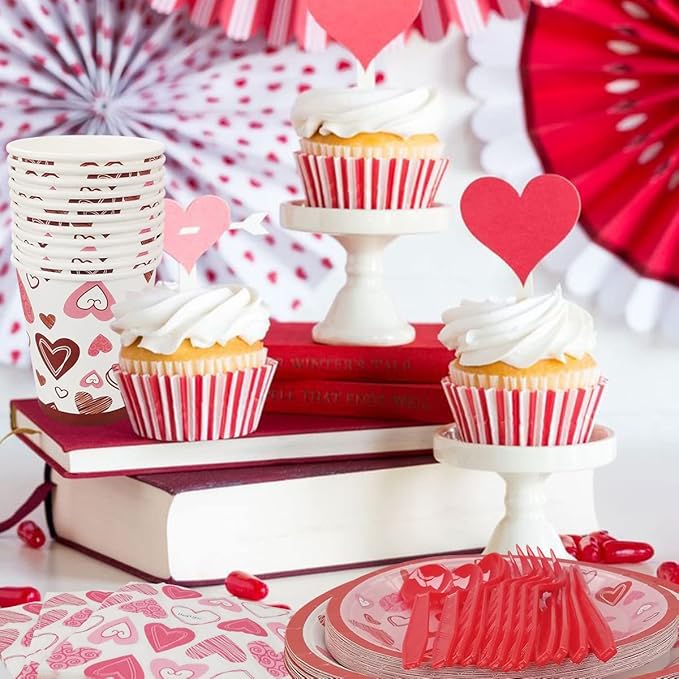 Valentine Party Supplies Pack Serving 24 Guests, Including Dinner Plates, Luncheon Napkins Knife Fork Spoon and Cups Tableware Set Kit for Valentines Day Wedding Anniversary Party Decorations Favors